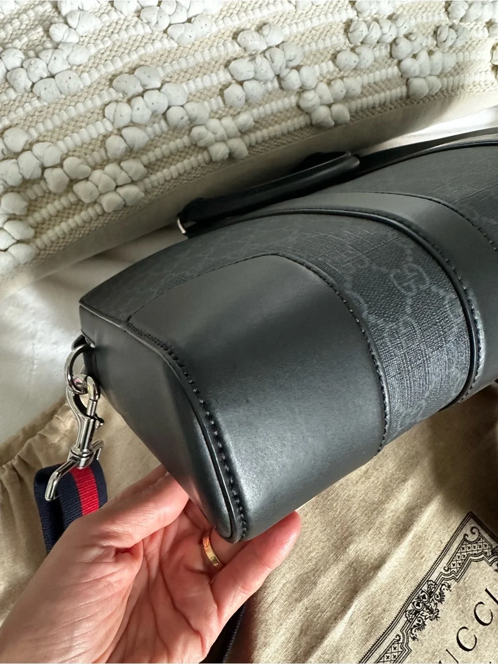 Gucci Black GG Supreme Slim Laptop Briefcase with Red-Blue Web Strap